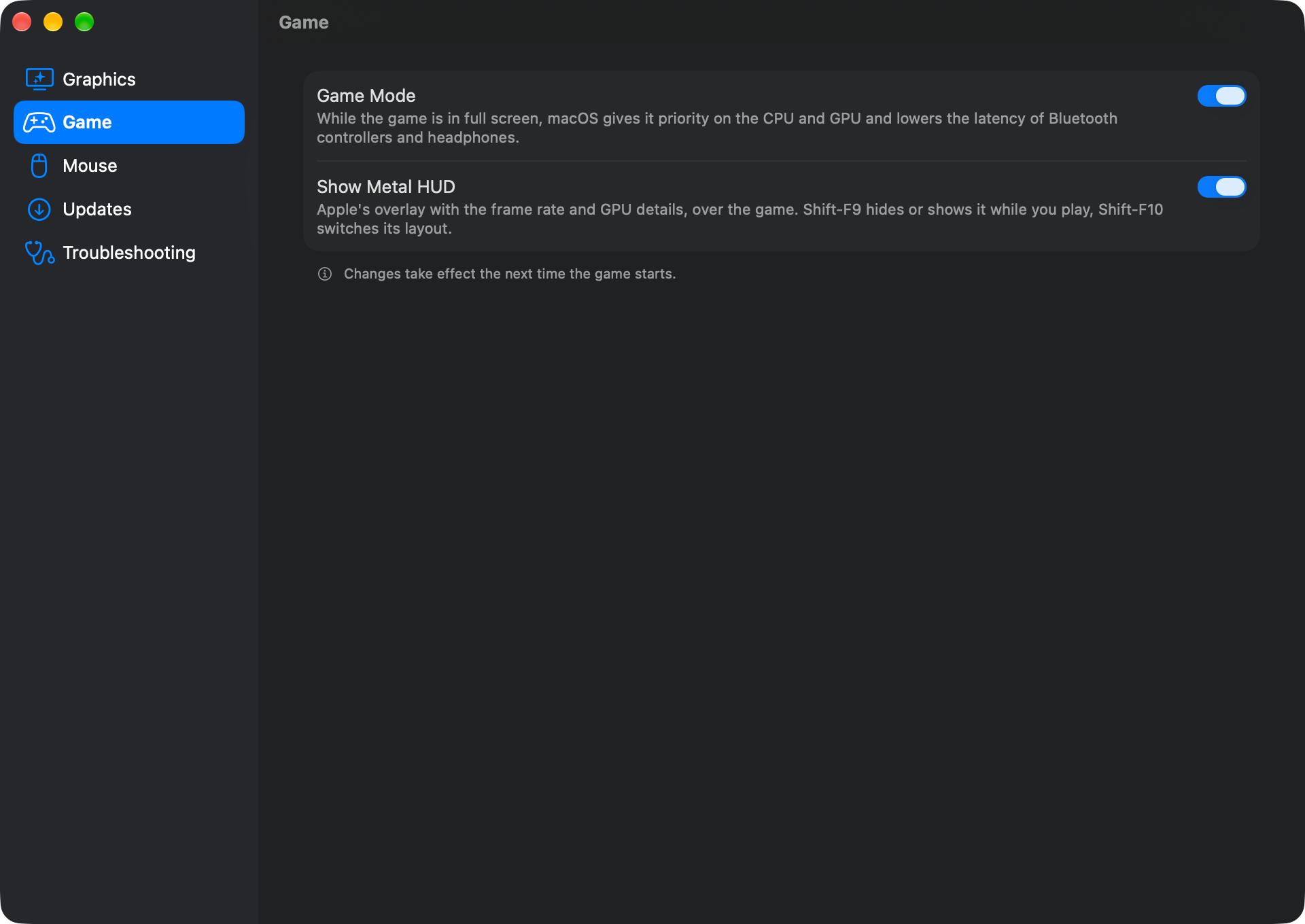 The SWGL on Mac Settings window, on the Game page