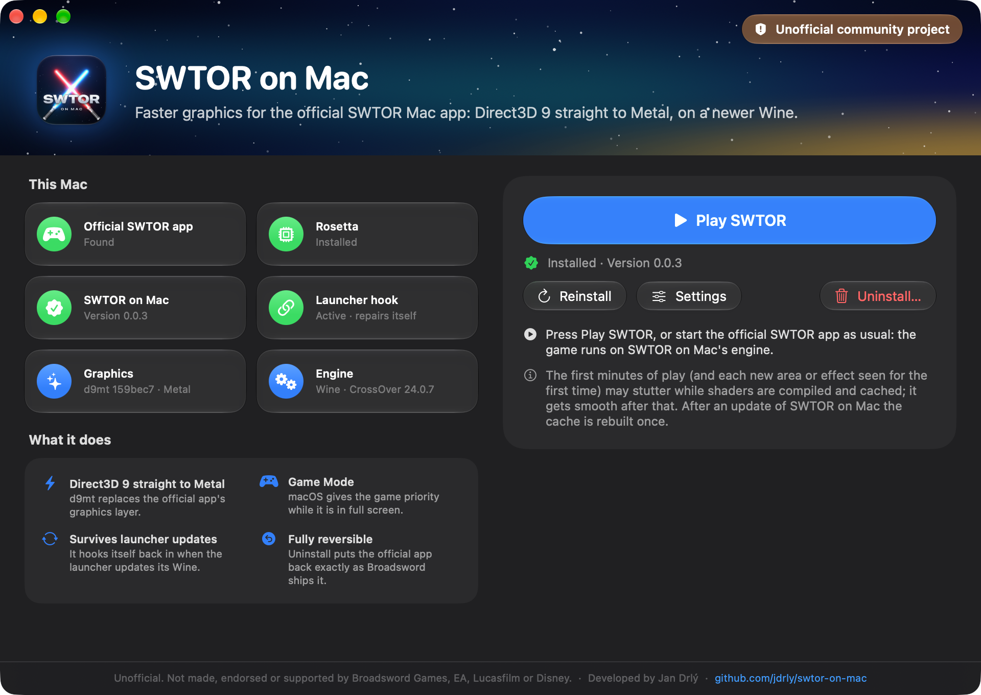 The SWTOR on Mac window after an install, with the Play SWTOR button